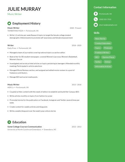 Music Writer Resume