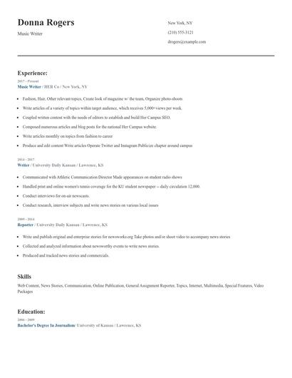 Music Writer Resume