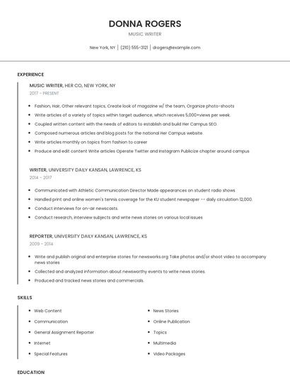 Music Writer Resume