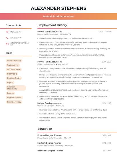 Mutual Fund Accountant Resume