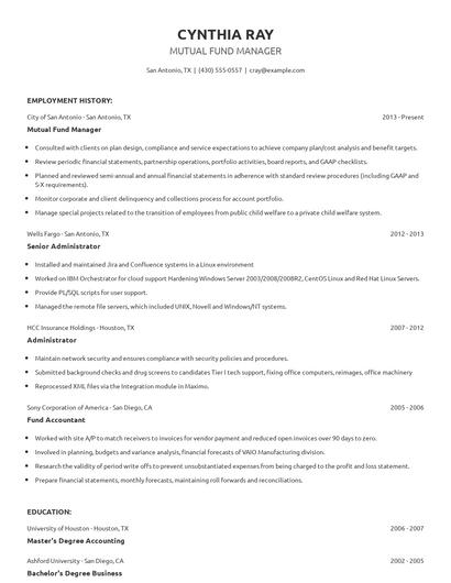 Mutual Fund Manager Resume