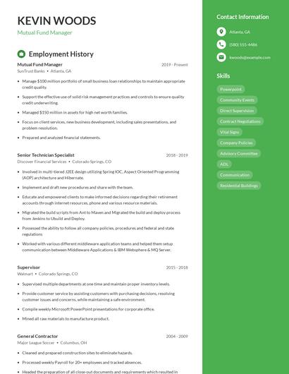 Mutual Fund Manager Resume