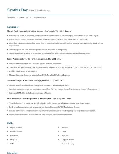 Mutual Fund Manager Resume