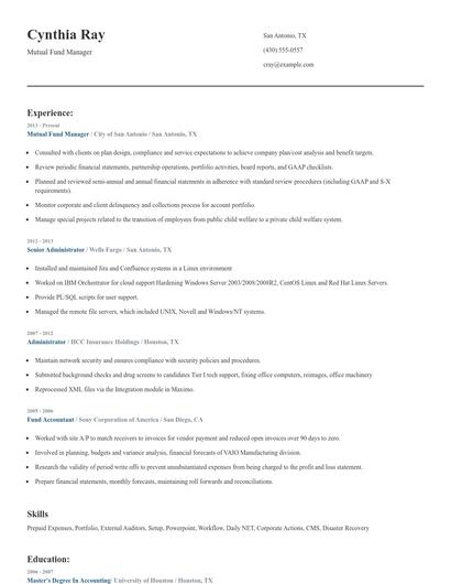 Mutual Fund Manager Resume