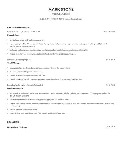 Mutuel Clerk Resume