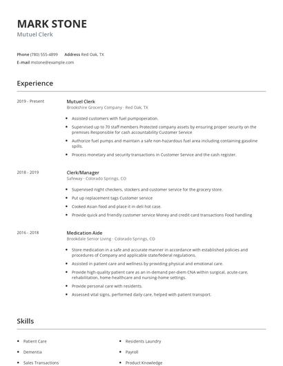 Mutuel Clerk Resume