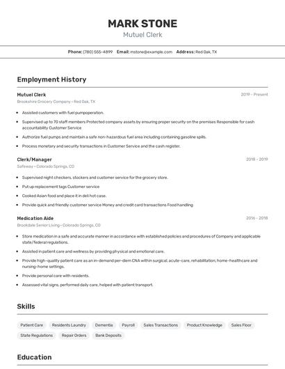 Mutuel Clerk Resume