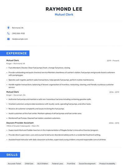 Mutuel Clerk Resume