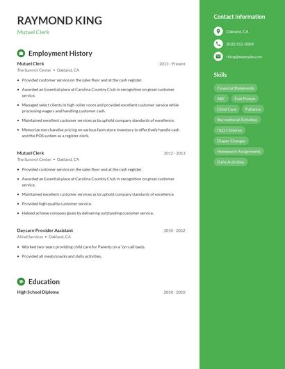 Mutuel Clerk Resume