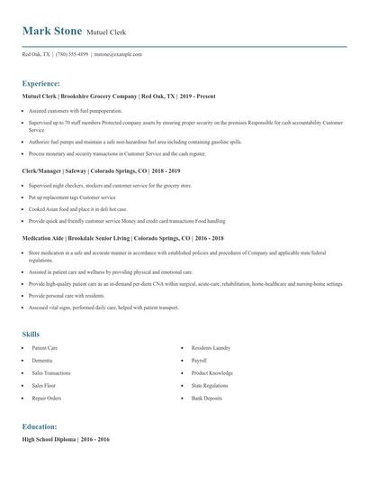 Mutuel Clerk Resume