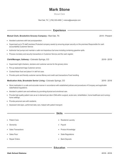 Mutuel Clerk Resume
