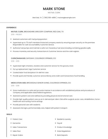 Mutuel Clerk Resume
