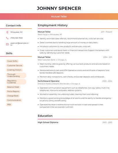 Mutuel Teller Resume
