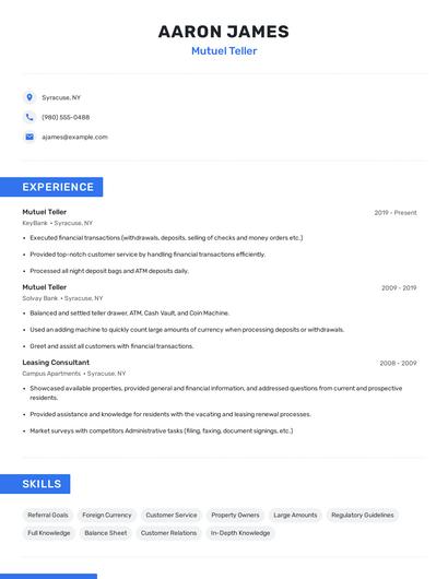 Mutuel Teller Resume