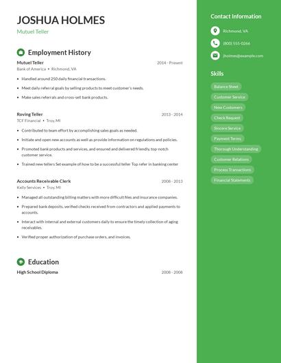 Mutuel Teller Resume