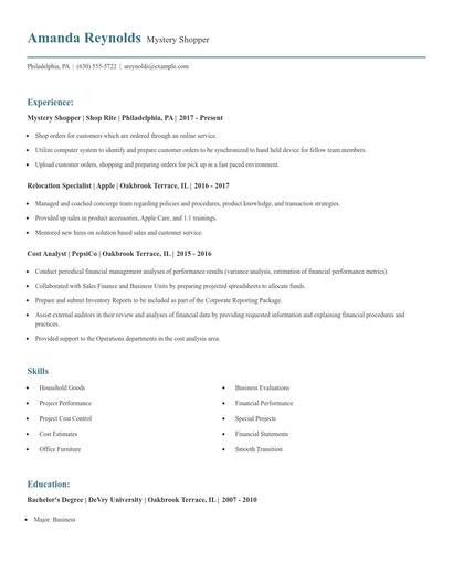 Mystery Shopper Resume