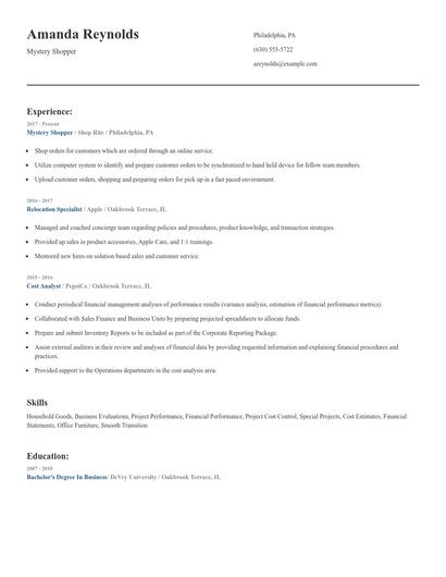 Mystery Shopper Resume