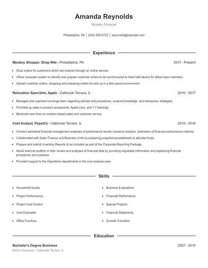 Mystery Shopper Resume