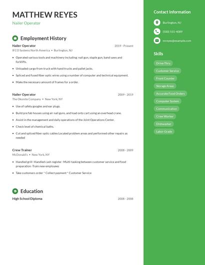 Nailer Operator Resume