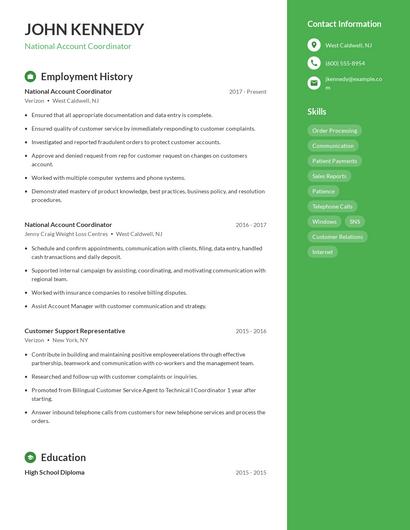 National Account Coordinator Resume