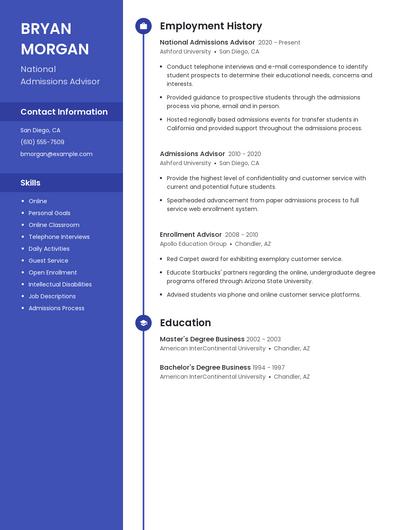 National Admissions Advisor Resume