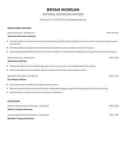 National Admissions Advisor Resume