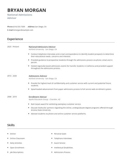 National Admissions Advisor Resume