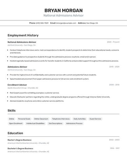 National Admissions Advisor Resume