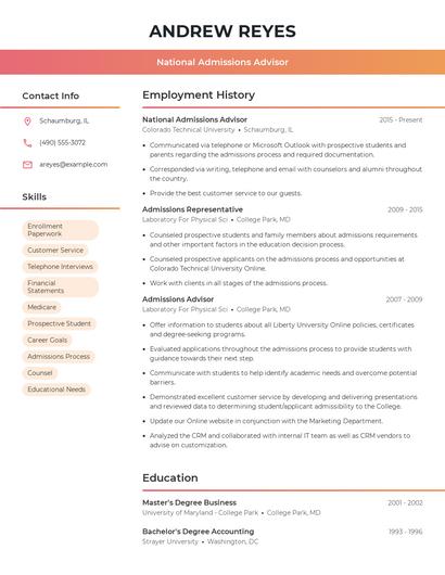 National Admissions Advisor Resume