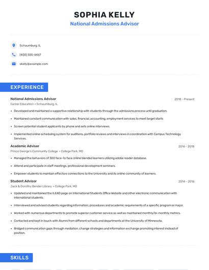 National Admissions Advisor Resume