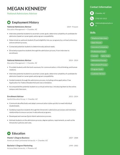 National Admissions Advisor Resume