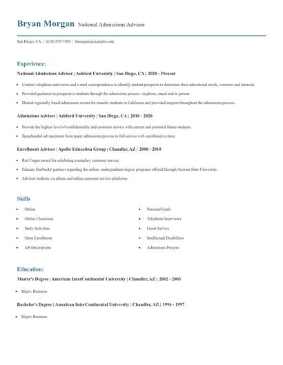 National Admissions Advisor Resume