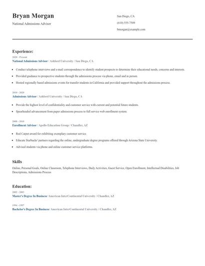 National Admissions Advisor Resume