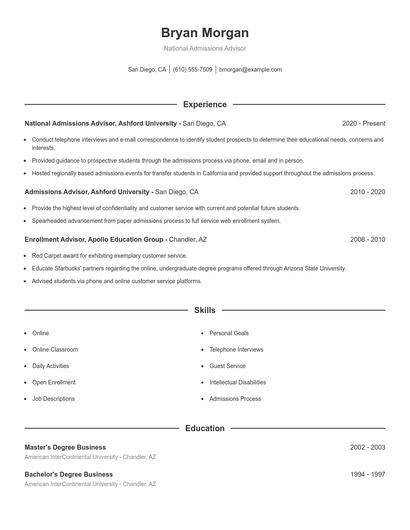 National Admissions Advisor Resume