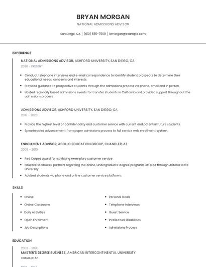 National Admissions Advisor Resume
