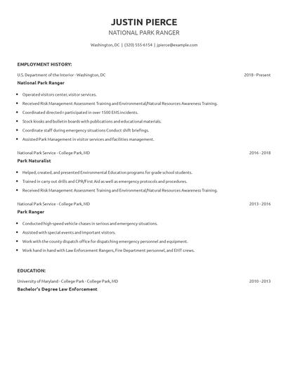 National Park Ranger Resume