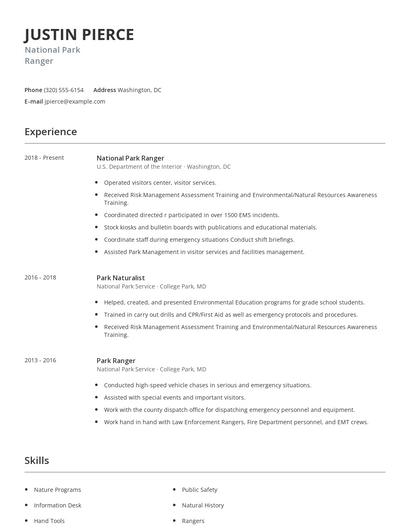 National Park Ranger Resume