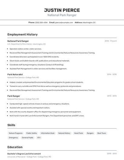 National Park Ranger Resume