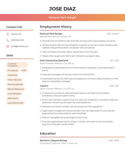 National Park Ranger Resume