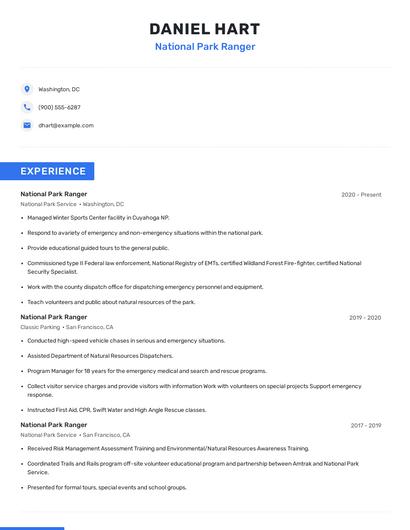 National Park Ranger Resume