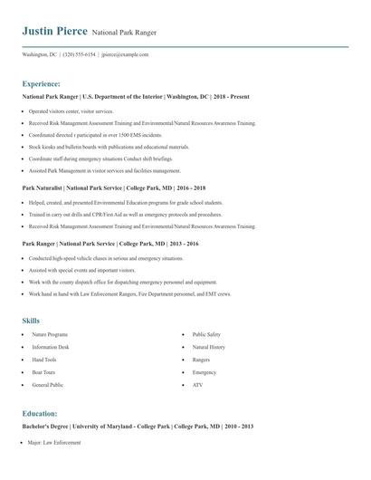 National Park Ranger Resume