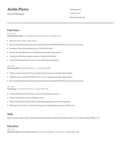 National Park Ranger Resume