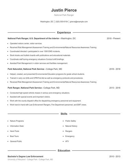 National Park Ranger Resume