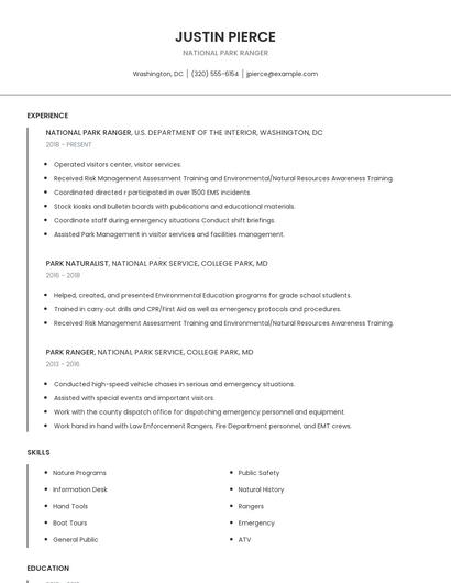 National Park Ranger Resume