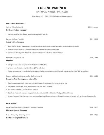 National Project Manager Resume