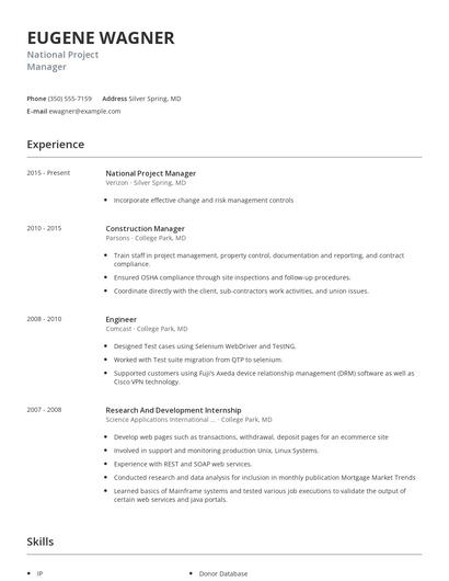 National Project Manager Resume