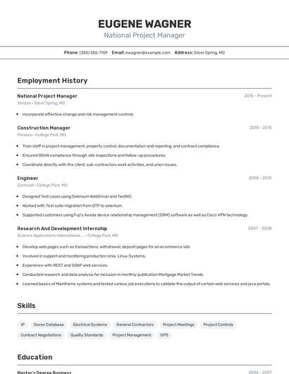 National Project Manager Resume