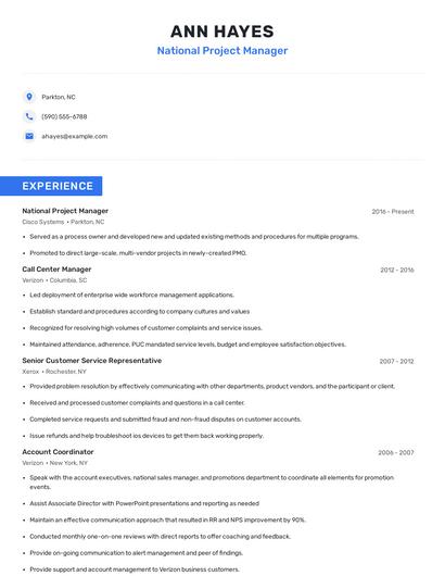 National Project Manager Resume