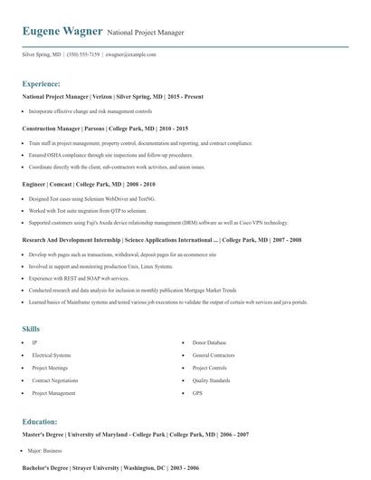 National Project Manager Resume