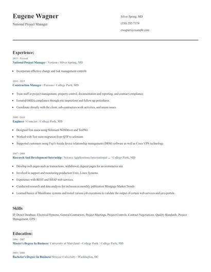 National Project Manager Resume